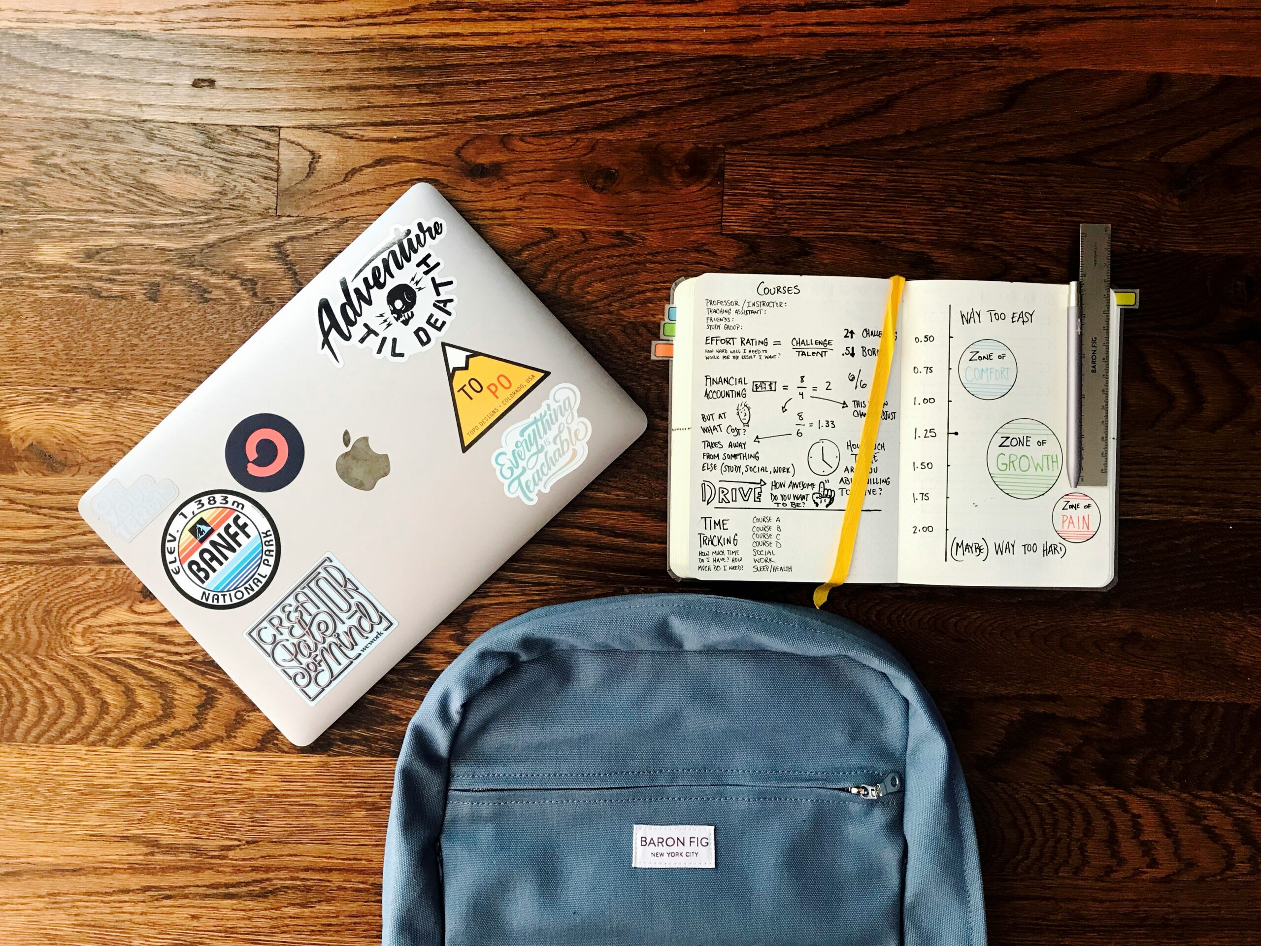 Back to School items on a desk including a computer, notebook, and backpack